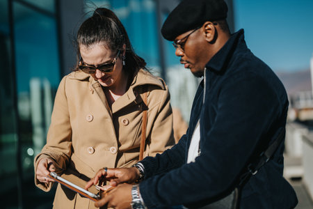 Two business professionals discussing work on a digital device outdoorsの写真素材