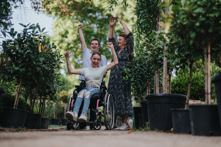 Joyful outdoor gathering of diverse individuals in a garden settingの写真素材