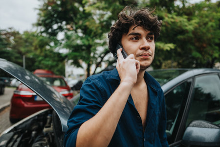 Man making phone call beside broken car on roadside