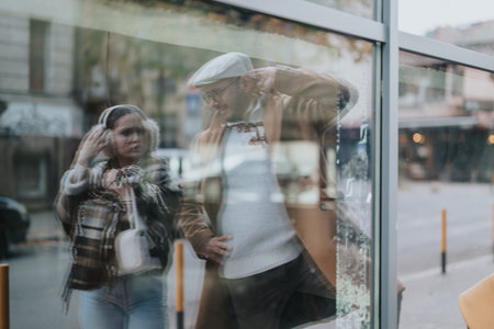 Young couple exploring the city while walking beside a glass windowの写真素材