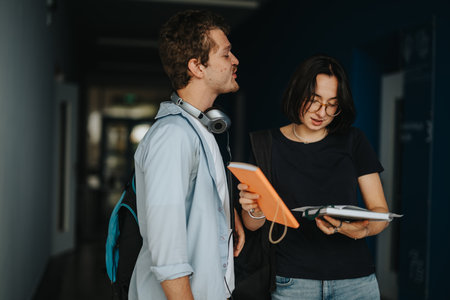 Students discussing course notes in a university hallway setting