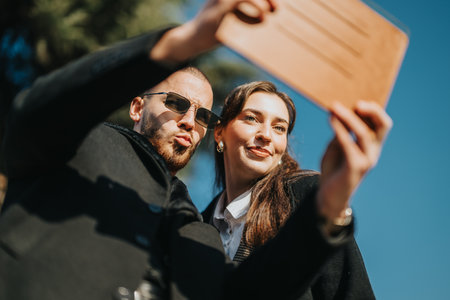 Young professionals taking a fun outdoor selfie on a sunny day