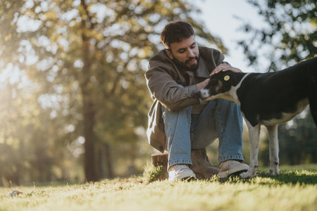 Young man petting a dog in a sunlit park during autumnの写真素材