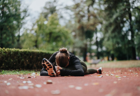 Exercise routine in a park ambiance with an individual performing stretching