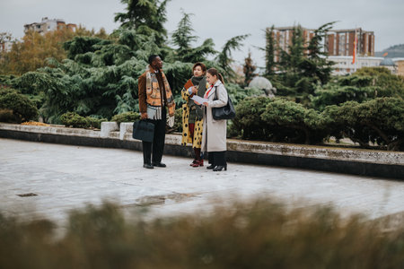 Group of business people discussing work outdoors in a green park setting