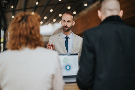 Business professional presenting ideas to colleagues during an outdoor meeting