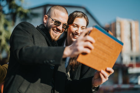 Young business colleagues taking a photo together outdoors in the cityの写真素材