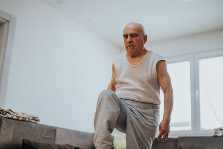 Senior man performing indoor fitness exercises for maintaining health and strengthの写真素材