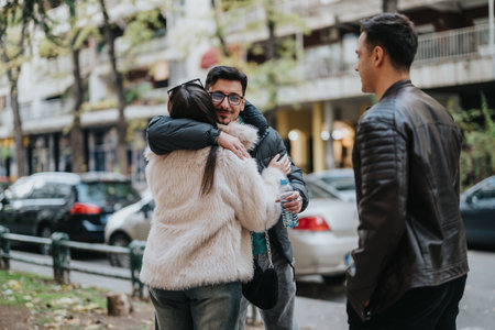 Three friends reuniting on a city street during daylightの写真素材
