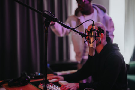 Musician recording a new song in a professional studio settingの写真素材