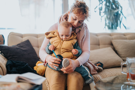 Mother and baby spending quality bonding time together at home on a cozy and inviting living room sofa.の写真素材