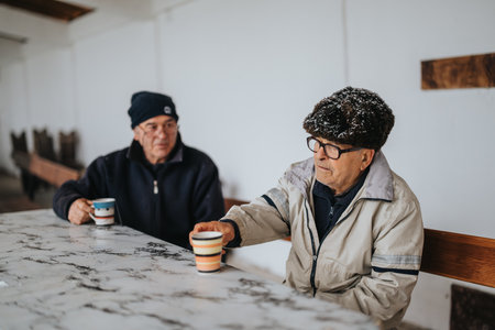 Senior men enjoying a warm drink together in a casual indoor settingの写真素材