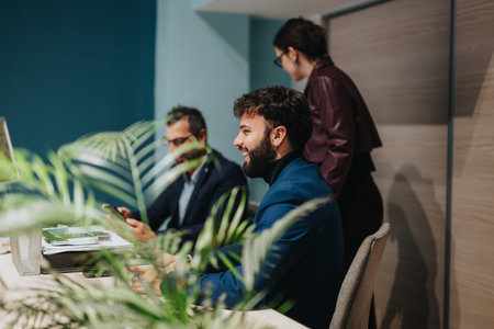 Professional coworkers collaborating and discussing ideas in a modern office spaceの写真素材