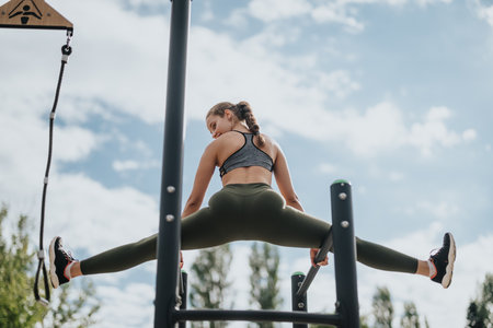 Young woman performing outdoor workout on a fitness structure in a park settingの写真素材