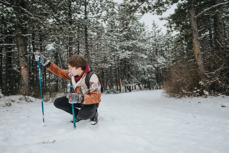 Young man hiking during winter in a snowy forest scene, using trekking poles and wearing warm...