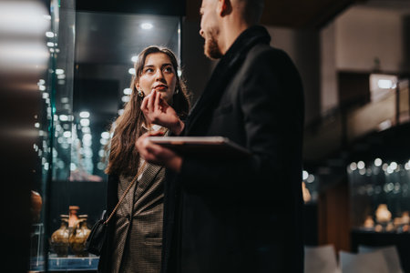 Two professionals discussing ideas in a modern business meeting settingの写真素材