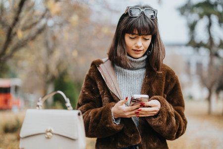 Outdoor Scene of a Stylish Woman Using Her Smart phone in a Park, Autumn Seasonの写真素材