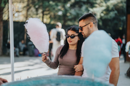 Couple enjoying cotton candy at outdoor fair with sunglassesの写真素材