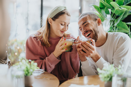 Happy couple enjoying warm drinks together in a cozy cafe setting