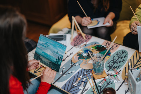 Group of Friends Creating Artwork Together in a Comfortable Settingの写真素材