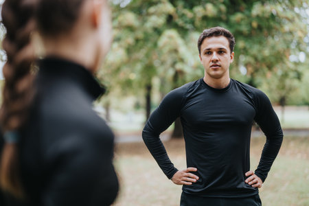 Two athletes discussing during an outdoor workout in a park settingの写真素材