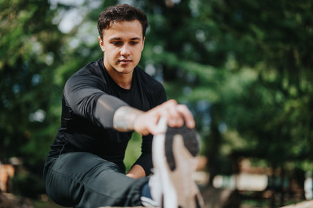 Young man stretching in a park, preparing for an outdoor workout sessionの写真素材