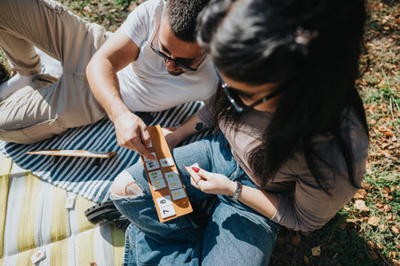 Couple enjoying an outdoor board game together on a sunny day, sitting on a picnic blanket in the park, reflecting leisure, relaxation, learning, and shared moments in nature.の写真素材