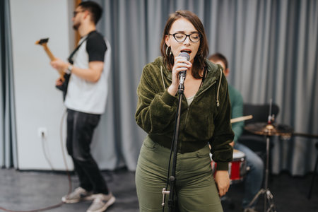 Group Rehearsing Music Together at a Studio Settingの写真素材