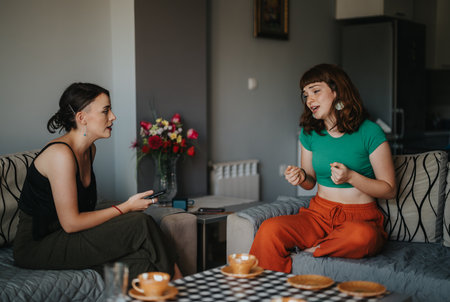 Two young women enjoying a lively conversation at homeの写真素材