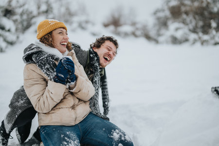Friends enjoying a playful moment outdoors in the snow, laughing together and embracing the winter seasonの写真素材