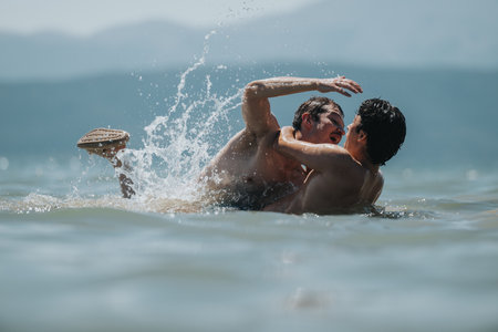 Group of young friends enjoying playful moments in a scenic lake