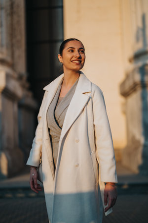 Elegant woman smiling outdoors during sunset in a city settingの写真素材