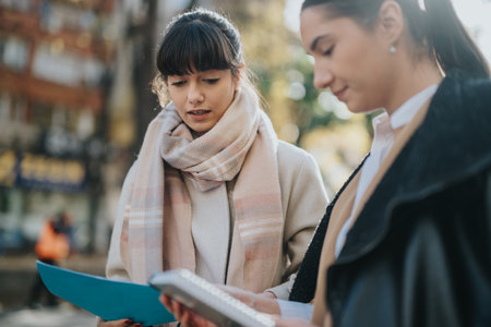 Two women discussing documents outdoors in a professional conversationの写真素材