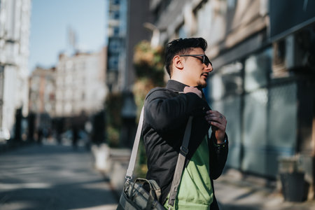 Casual individual walking confidently with bag in urban street setting