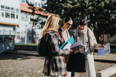 Three professional women discussing documents outdoors in a sunny settingの写真素材