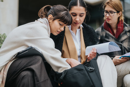 Three businesswomen collaborating over documents and discussing plans outdoorsの写真素材