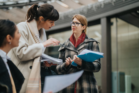 Group of professional women discussing documents outdoors in a modern settingの写真素材
