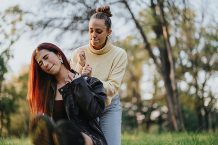 Two women playfully engaging in a park with bright expressions outdoorsの写真素材