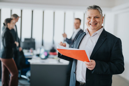 Confident business professional holding a red folder in an office settingの写真素材