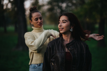 Two women enjoying a moment outdoors in a park setting.の写真素材