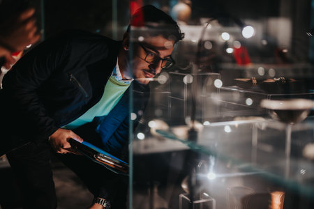 Man examining artifacts closely through glass at a dimly lit museum exhibit