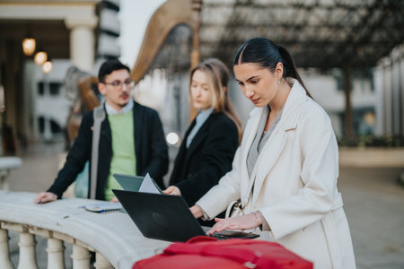 Three business professionals collaborating outdoors on a laptop for a project discussion.の写真素材