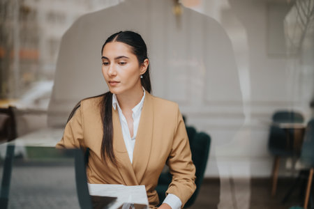 Businesswoman working at office desk with focused expression