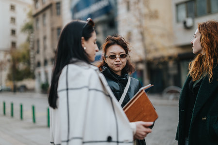 Women collaborating and discussing ideas on a city streetの写真素材