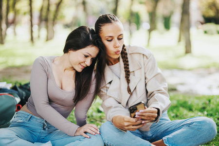 Two young friends taking selfies outdoors in a park settingの写真素材