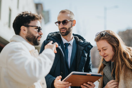Colleagues discussing work on a tablet outdoors in a casual settingの写真素材