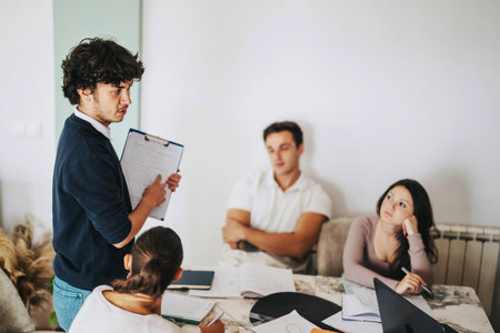 High school students engage in collaborative learning during a private session at home, guided by a mentor.の写真素材