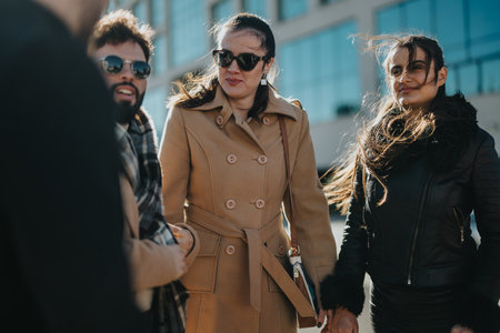 Professional group networking outdoors on a sunny day in urban setting