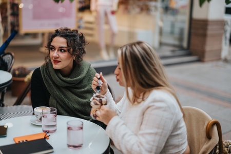 Two friends enjoying a conversation over coffee and dessert at an outdoor cafeの写真素材