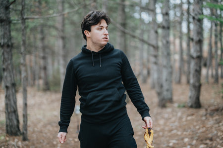 Young man carrying banana peel while walking outdoors in a lush green forest pathの写真素材